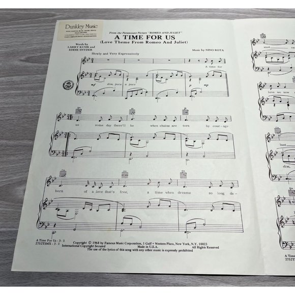 Piano Sheet Music A Time for Us Romeo and Juliet Love Theme 1968 Larry Kusik - Picture 2 of 4